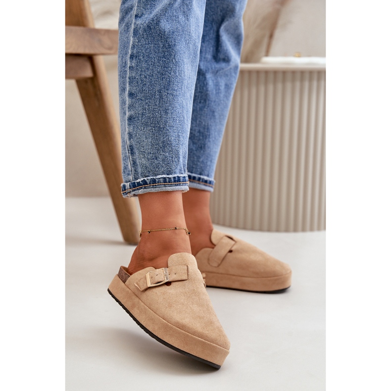 Ženske japanke s platformom i zlatnom kopčom, tamno bež Terilaina 2