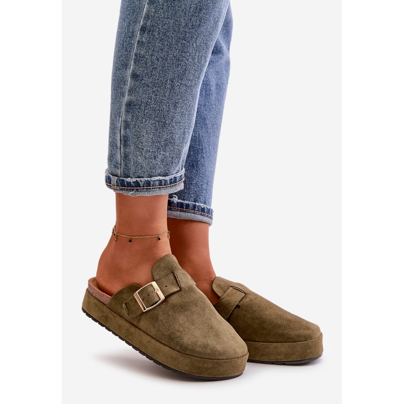 Ženske japanke s platformom i zlatnom kopčom, tamnozelena Terilaina 1