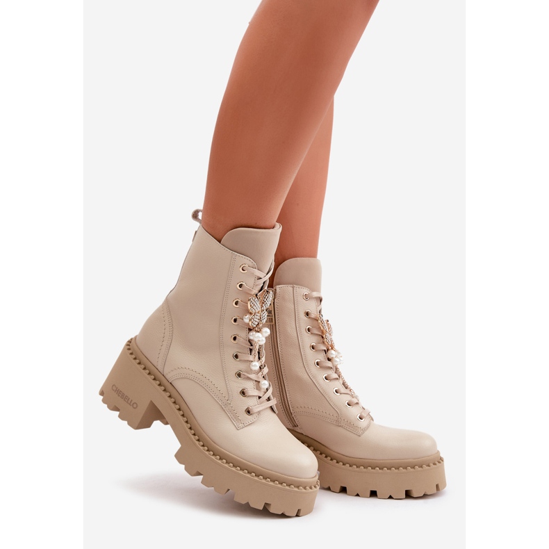 Ženske kožne radne gležnjače s leptirom, bež CheBello 4590 1