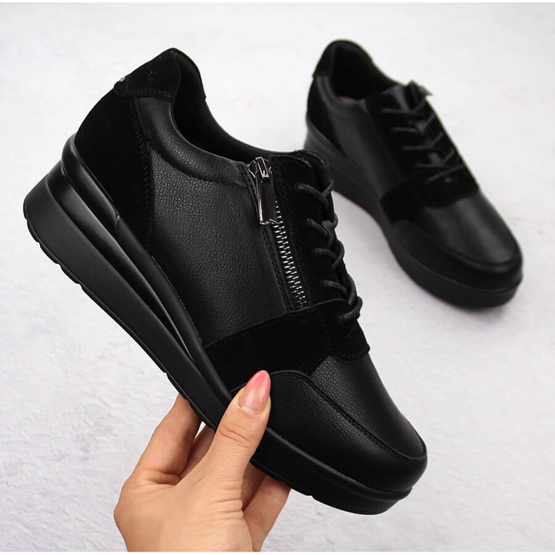 Ženske kožne wedge tenisice, crne Sergio Leone PB236-S crna 1