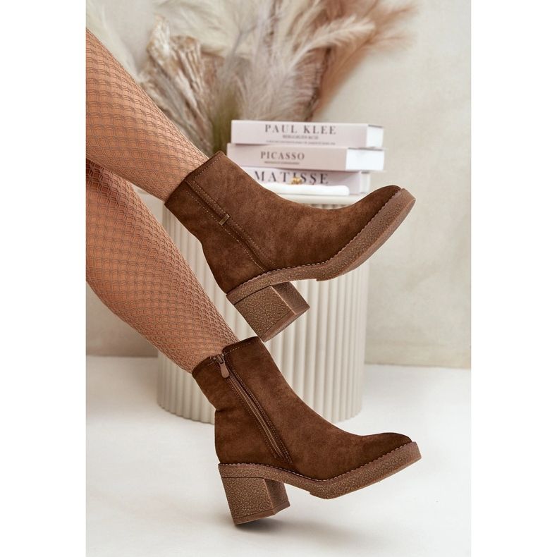 Ženske čizme na visoku petu izolirane od eko brušene kože, smeđa Arkesia 2