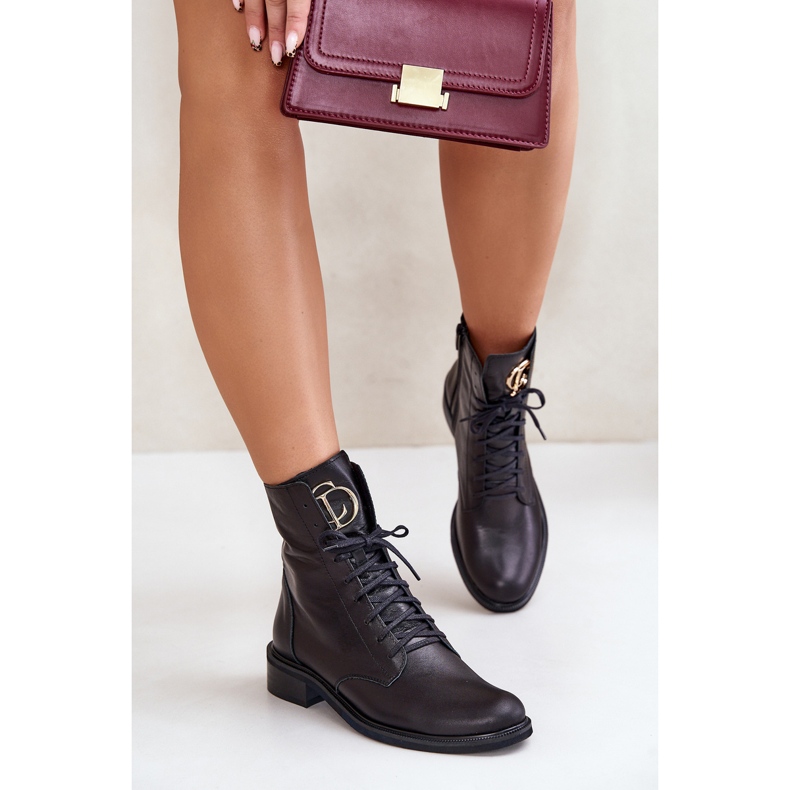 Zazoo 2955 Kožne radne gležnjače sa zlatnim detaljem na jeziku, crne crno 2