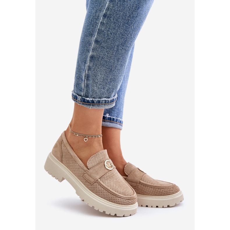Ženske brogues mokasine sa zlatnim detaljima Kaki Arilva bež 1