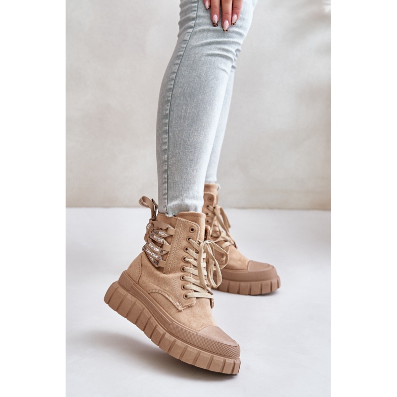 Smeđe ženske čizme na platformu s ukrasnim vezivanjem Edidda smeđa 2