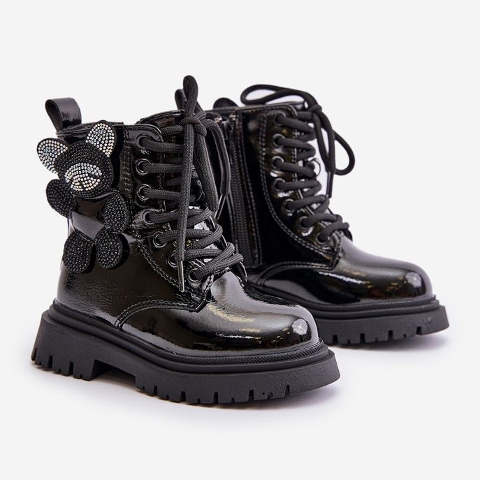 Izolirane gležnjače za djevojčice s medvjedićem i patentnim zatvaračem lakirane crne Relobia crno 1