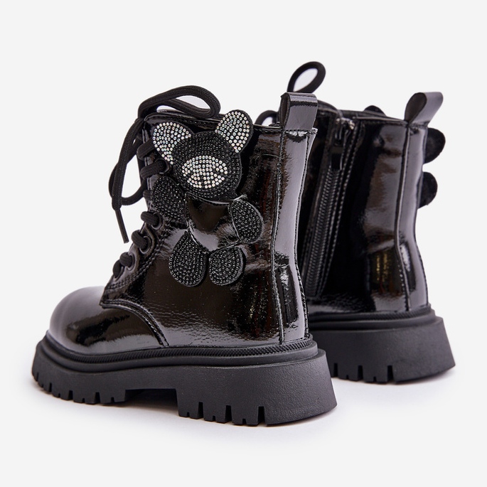 Izolirane gležnjače za djevojčice s medvjedićem i patentnim zatvaračem lakirane crne Relobia crno 2