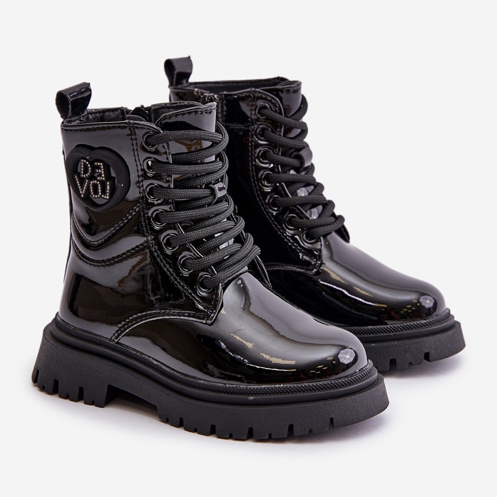 Lakirane čizme za djevojčice s krznenom postavom i patentnim zatvaračem, crna Evaliraea 1