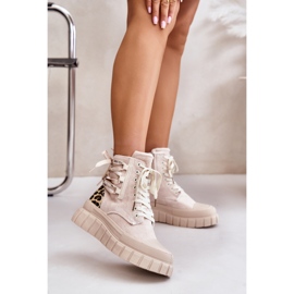 Ženske čizme s platformom i ukrasnim vezanjem, leopard svjetlo bež Edidda 2