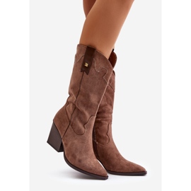 Izolirane kaubojske čizme na visoku petu, Eco Suede Brown, Hanivin smeđa 1