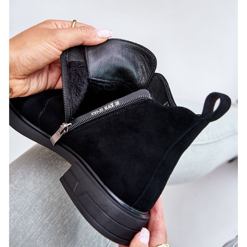 S.Barski Niske čizme od brušene kože na ravne pete izolirane D&amp;A JC42-23 crne crna 2