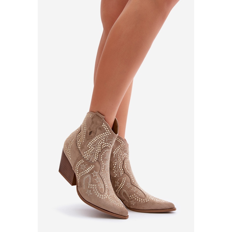 Ukrašene kaubojske čizme na visoku petu bež Kaivina 1