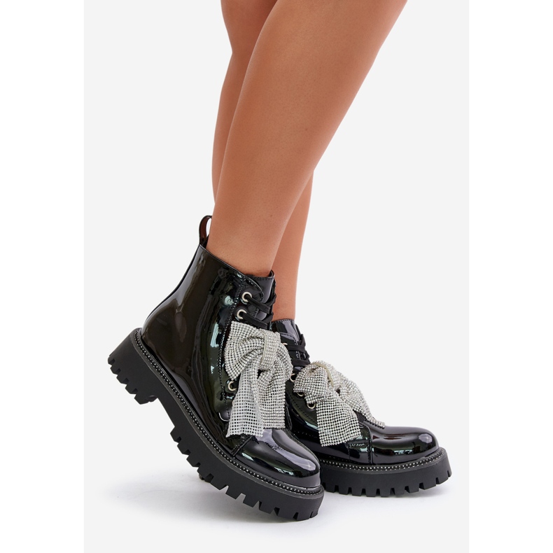Ženske lakirane gležnjače s mašnom, Black Ocenttia crna 1