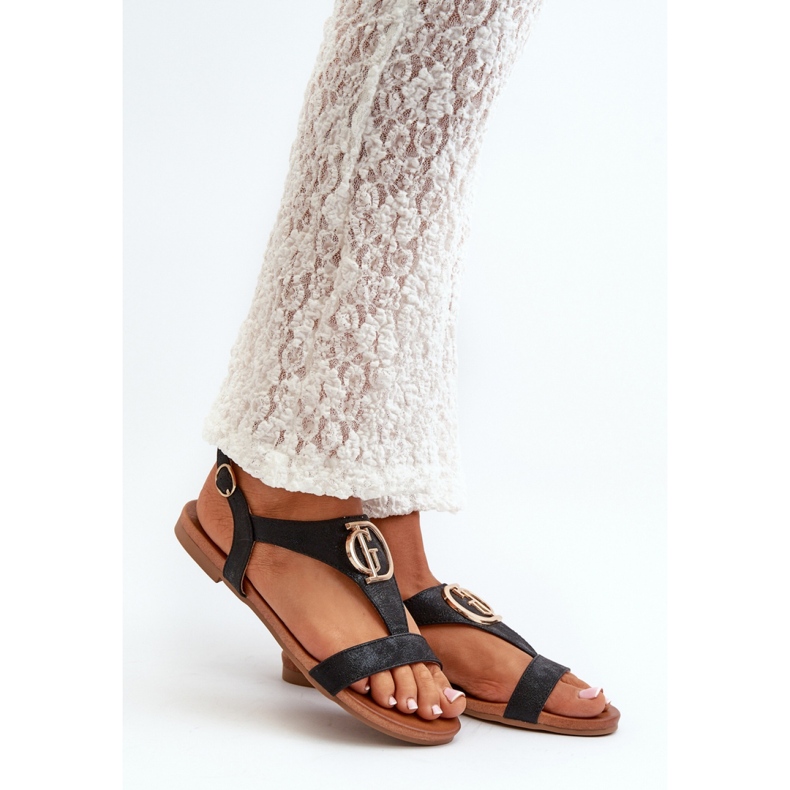 S.Barski Ženske sandale sa zlatnim ukrasom Crne crna 1