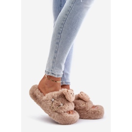 Bež Inalise ženske krznene papuče s medvjedićem i ukrasnim elementima 1