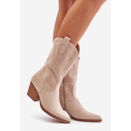 Ženske kaubojske čizme na visoku petu od eko antilopa svijetlo bež Wendlis 1