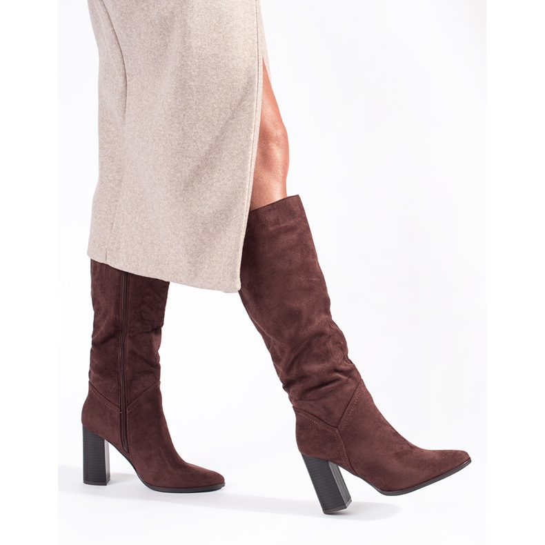 Smeđe ženske čizme od brušene kože iznad koljena na visoku petu smeđa 2