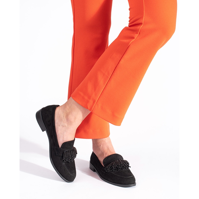 Ženske mokasine od brušene kože s perlicama crna 2