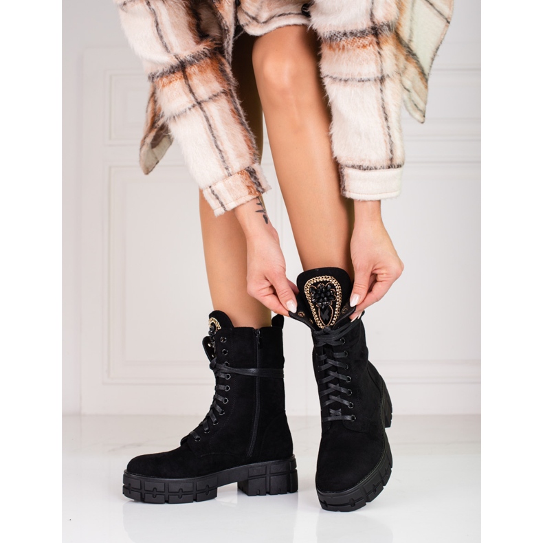 Ženske radničke čizme od brušene kože s ukrasom, crne crno 1