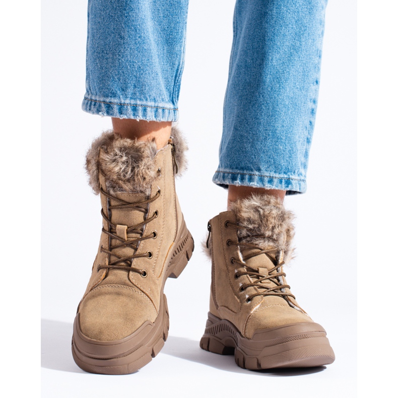 Ženske smeđe planinarske cipele s krznom bež 2