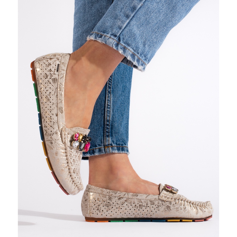 Goodin Zlatne ženske ažurne mokasine s kristalima zlatni 1