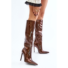 Lakirane izolirane čizme na visoku petu s kopčom, smeđe Tameliae smeđa 2