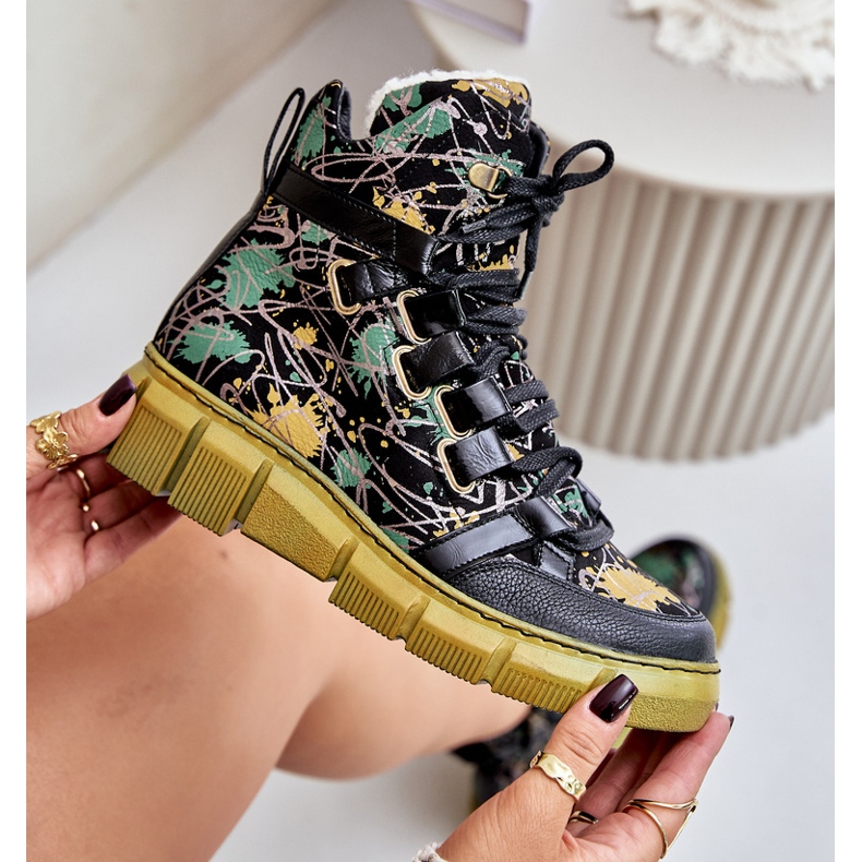 Kožne ravne gležnjače na vezanje Maciejka 06158-07 žuto-crne zlatna 2