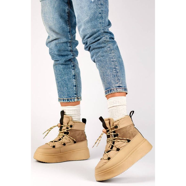 Ženske čizme za snijeg na vezanje i debeli potplat, bež 24-72302BE 1