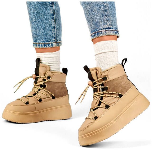 Ženske čizme za snijeg na vezanje i debeli potplat, bež 24-72302BE 2