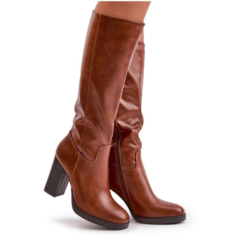 Ženske čizme na stanju eko kože ispred kamile koljena smeđa 11