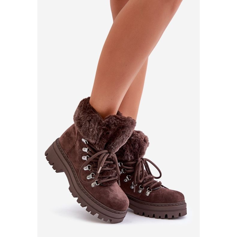 Ženske traperice na vezanje s krznom, tamno smeđe boje Vaminia smeđa 1