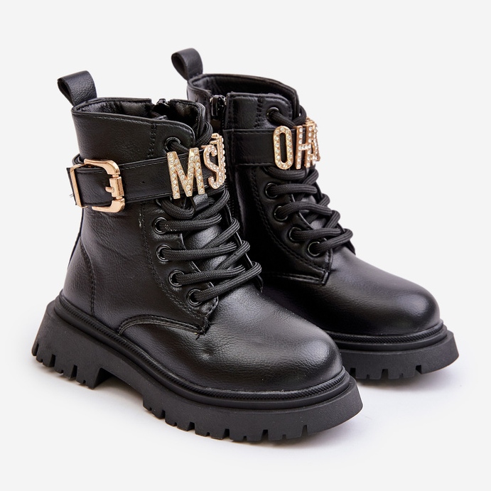 Tople čizme od eko kože za djevojčice s ukrasnim remenom, crne Gilian crna 1