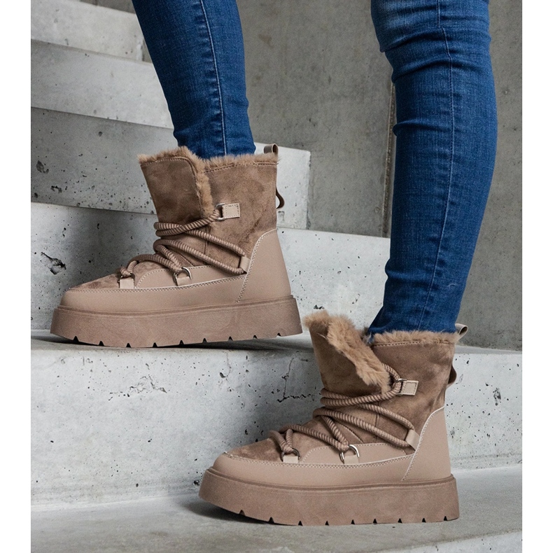 Tamno bež ženske čizme za snijeg s platformom i krznenom postavom 1