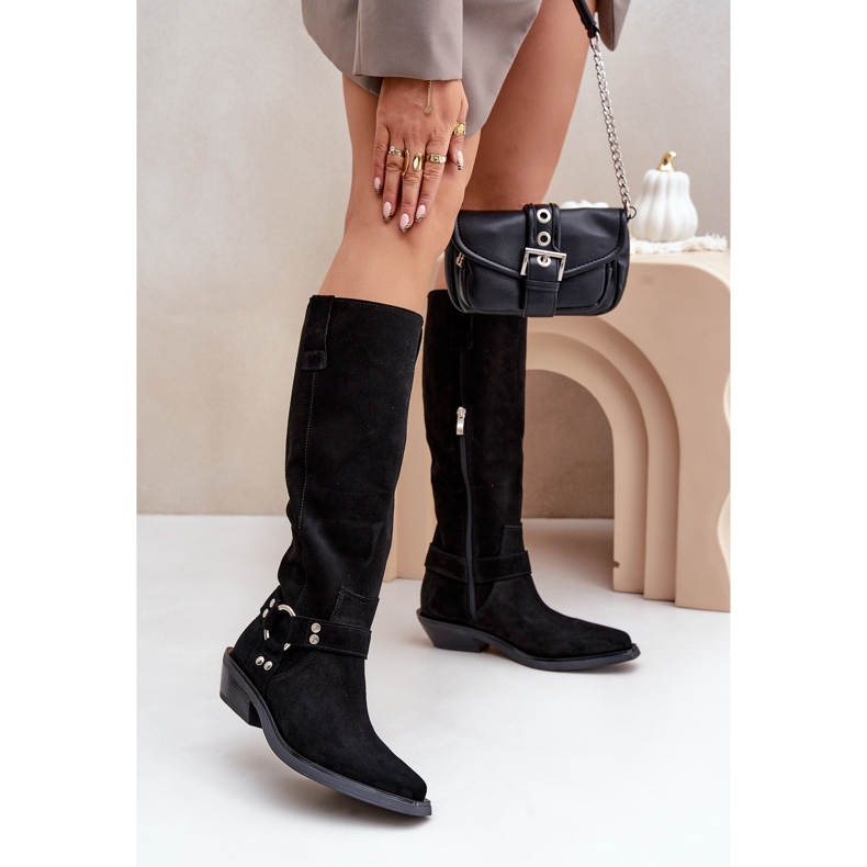 Kaubojske čizme od brušene kože na nisku petu s ukrasom Zazoo 3656 crne crna 2