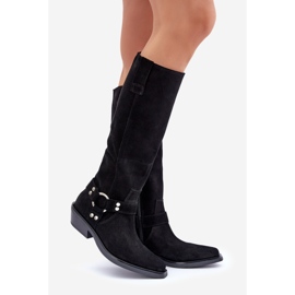 Kaubojske čizme od brušene kože na nisku petu s ukrasom Zazoo 3656 crne crna 1