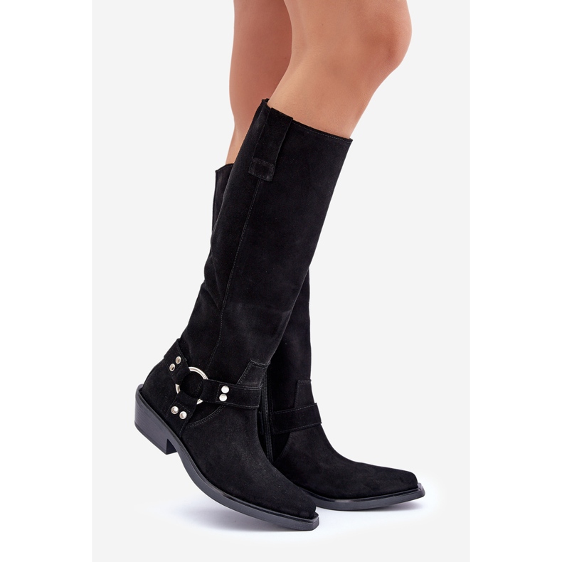 Kaubojske čizme od brušene kože na nisku petu s ukrasom Zazoo 3656 crne crno 1