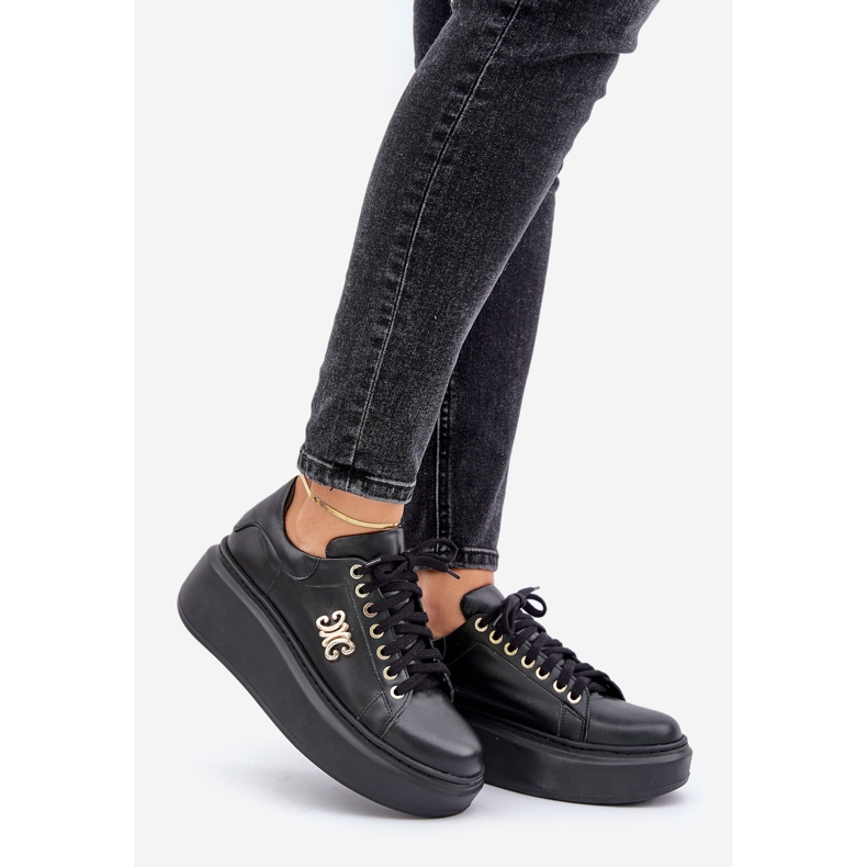Prirodne kožne tenisice na platformu zlatne dekoracije Lewski 3428 crne crna 1