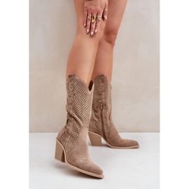 Ažur kaubojske čizme na visoku petu, tamno bež 2
