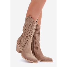 Ažur kaubojske čizme na visoku petu, tamno bež 1