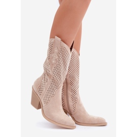 Ažurirane kaubojske čizme na visoku petu, svijetlo bež 1