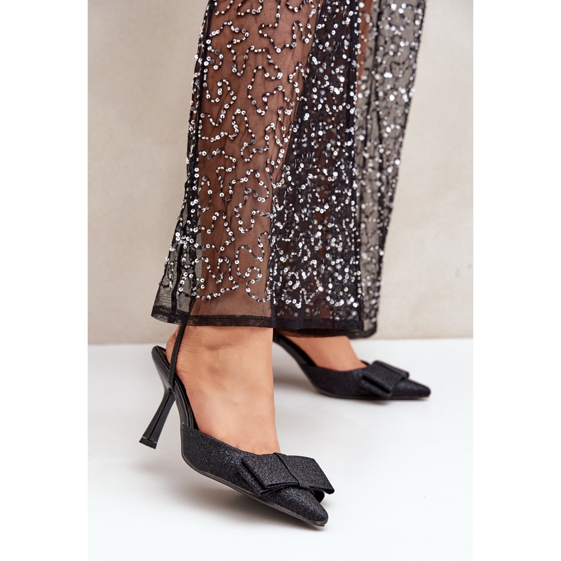 Sjajne crne visoke pete s mašnom crno 2