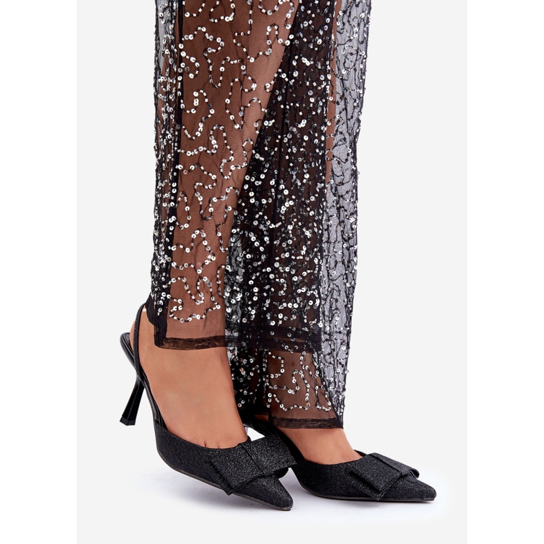 Sjajne crne visoke pete s mašnom crno 1