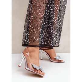 Prozirne srebrne sandale na visoku petu sa sjajnom srebrnom mašnom srebro 2