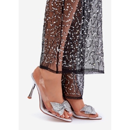 Prozirne srebrne sandale na visoku petu sa sjajnom srebrnom mašnom srebro 1