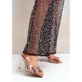 Prozirne sandale na visoku petu sa sjajnom zlatnom mašnom zlatni 2