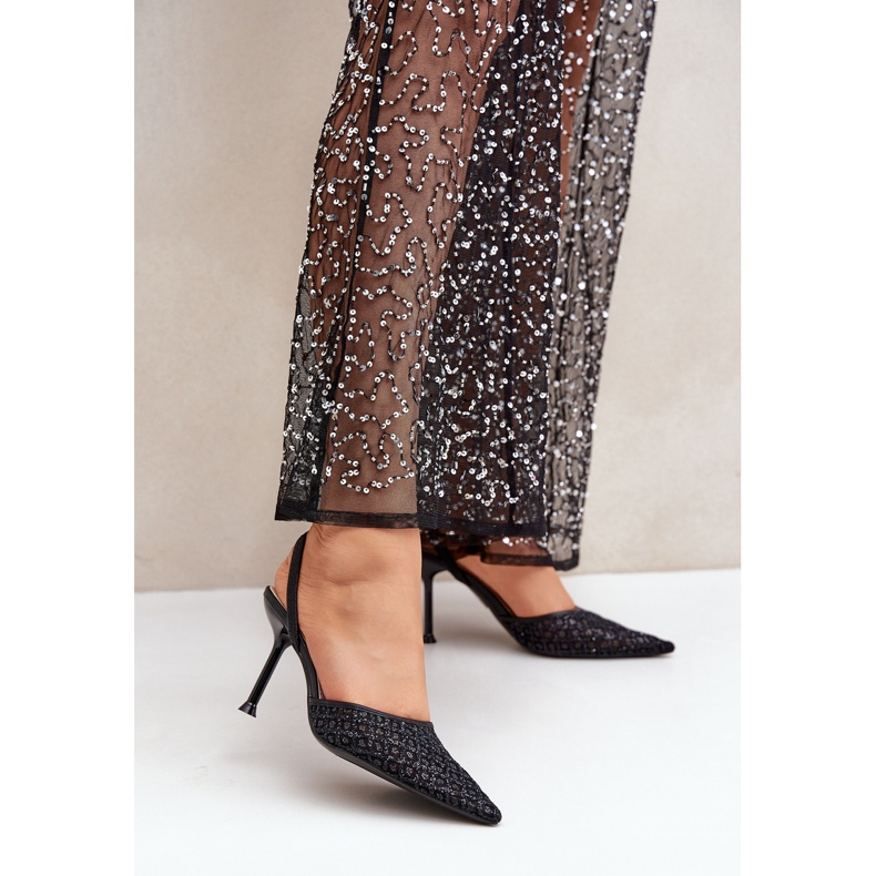 Visoke pete s otvorenom petom ukrašene crnim svjetlucavima crno 2