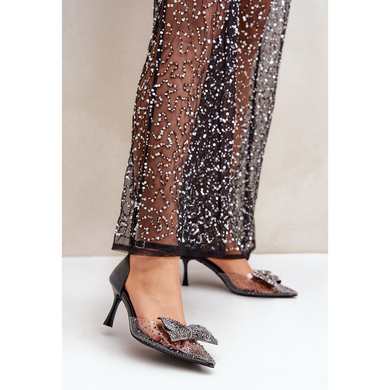 Ukrašene visoke pete s mašnom, crne crno 2