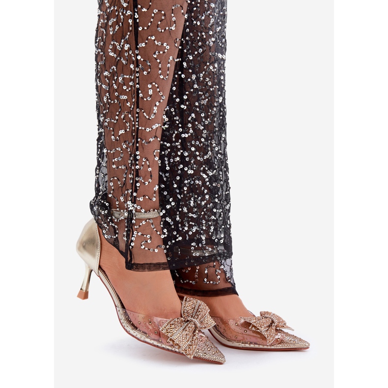 Ukrašene visoke pete sa zlatnom mašnom zlatni 1