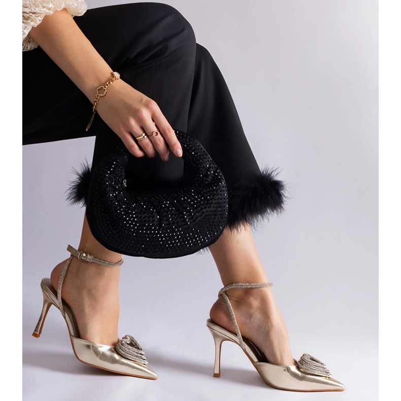 Zlatne visoke pete s otvorenom petom ukrašene cirkonima zlatna 2