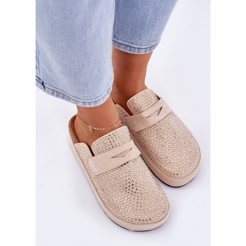 Ženske papuče ukrašene cirkonima na platformi bež 2