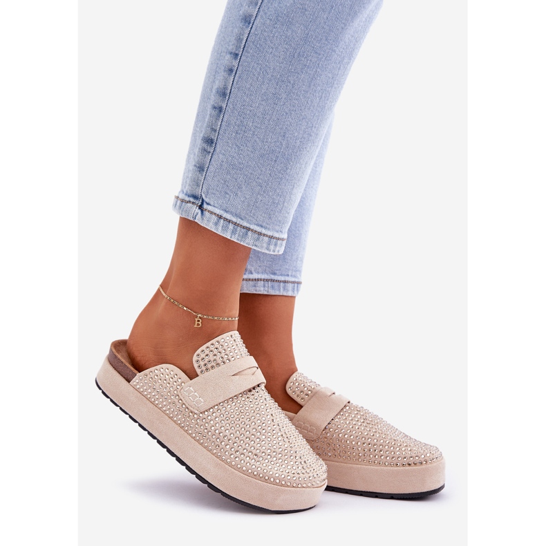 Ženske papuče ukrašene cirkonima na platformi bež 1